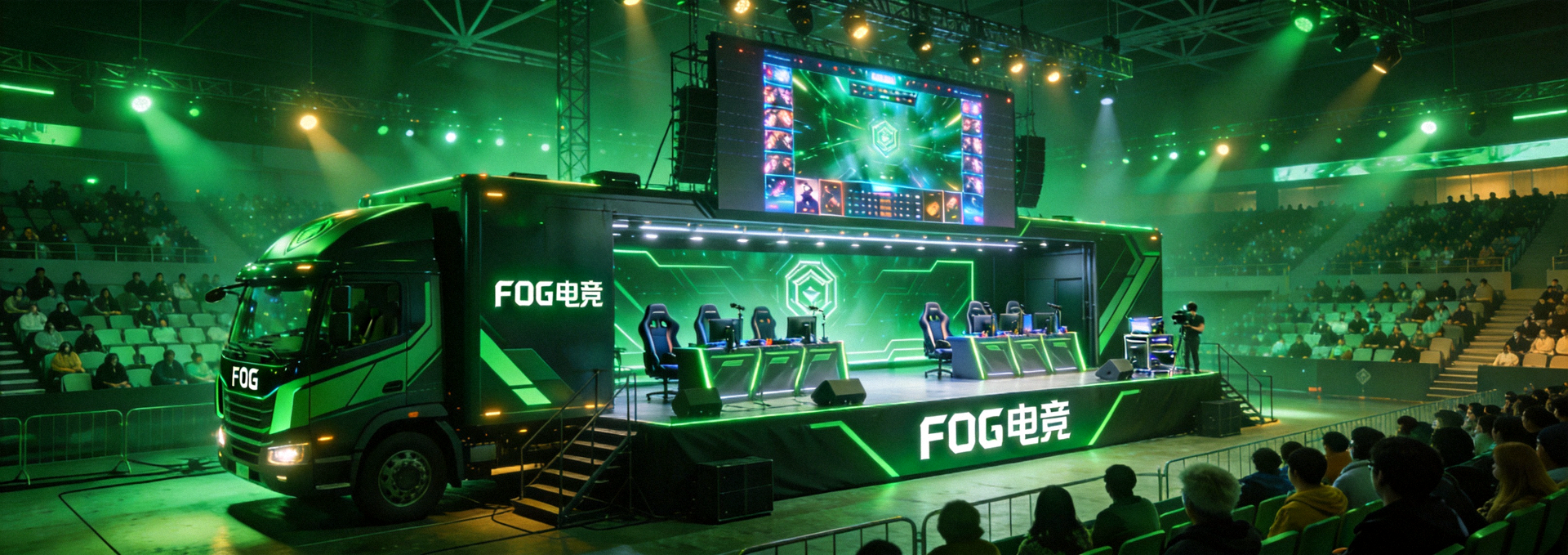 FOG电竞车移动电竞舞台全景展示，绿色灯光氛围的电竞比赛现场