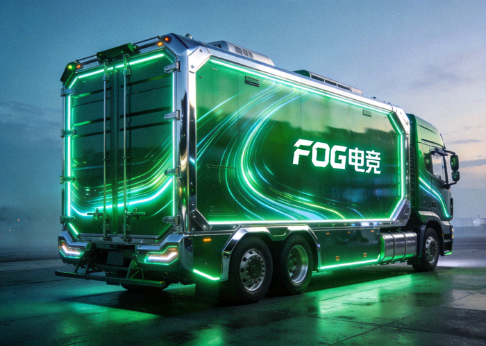 FOG电竞车移动电竞舱外观，绿色流光涂装的大型电竞车